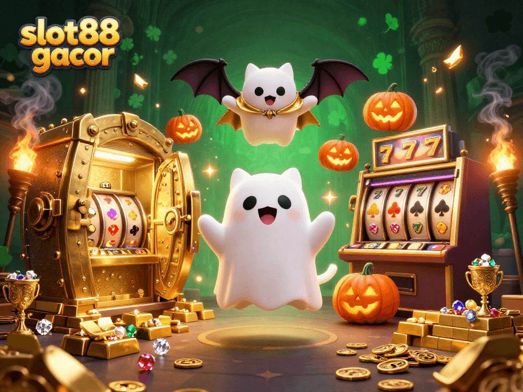Play thrilling games at slot88 gacor with a ghost cat and bat in a haunted casino.