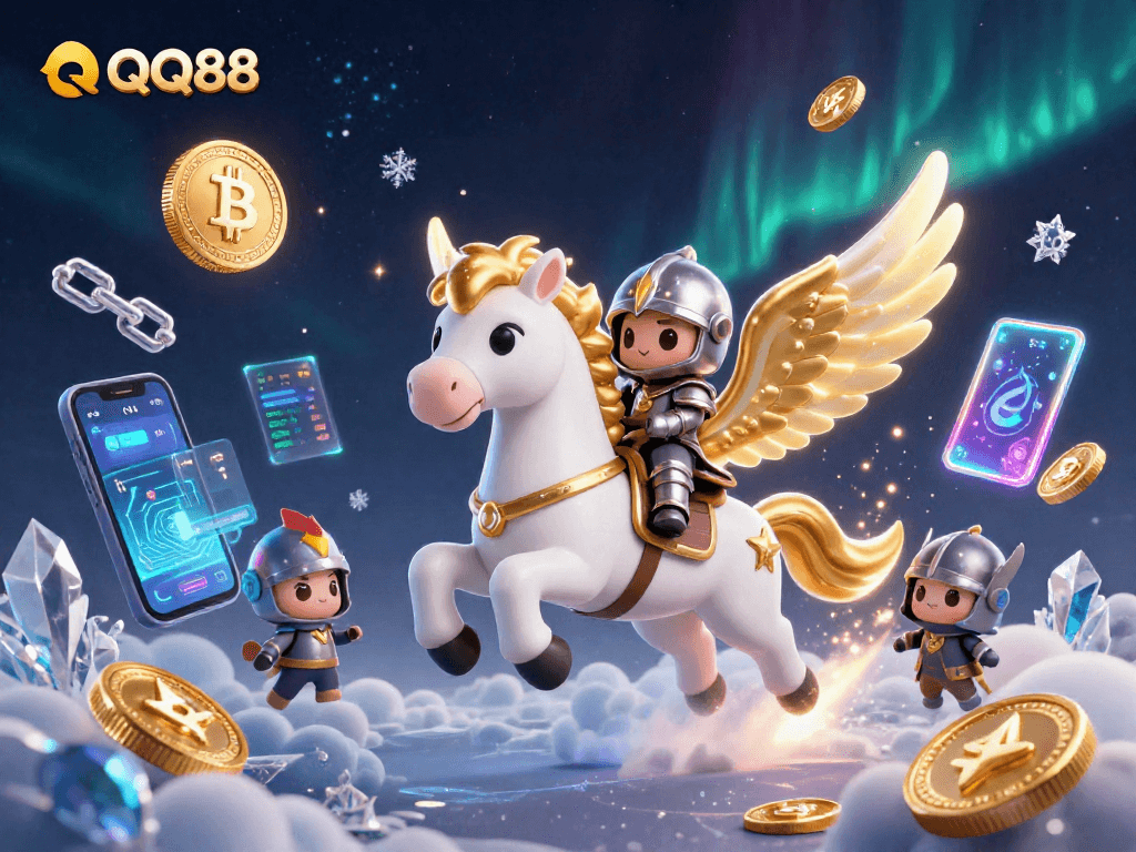 Experience QQ88 with a celestial horse and knight amidst vibrant gambling elements.
