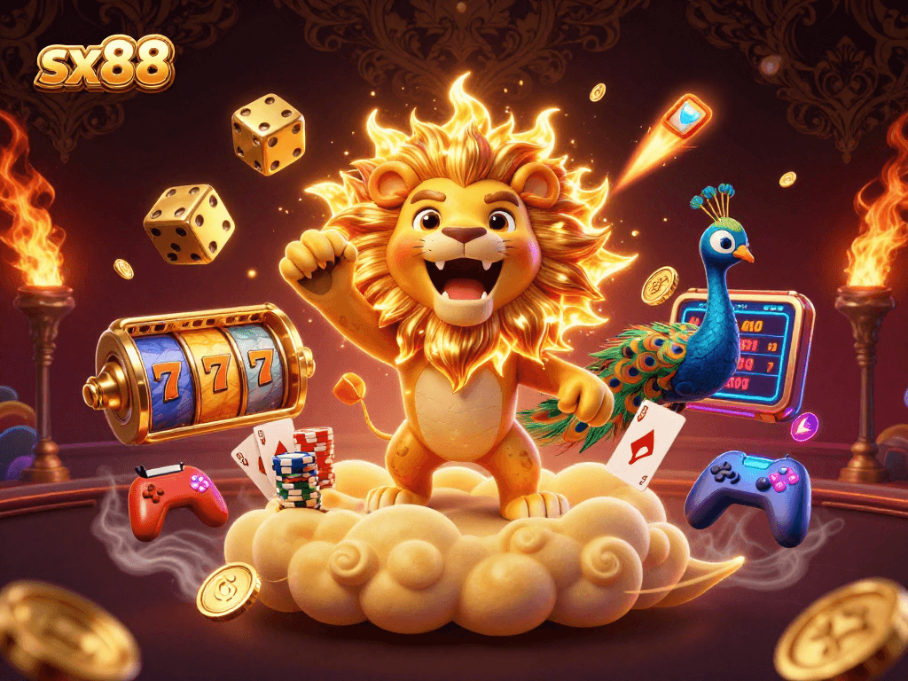 Sx88 players engaging in a vibrant casino atmosphere with slot reels and golden dice.