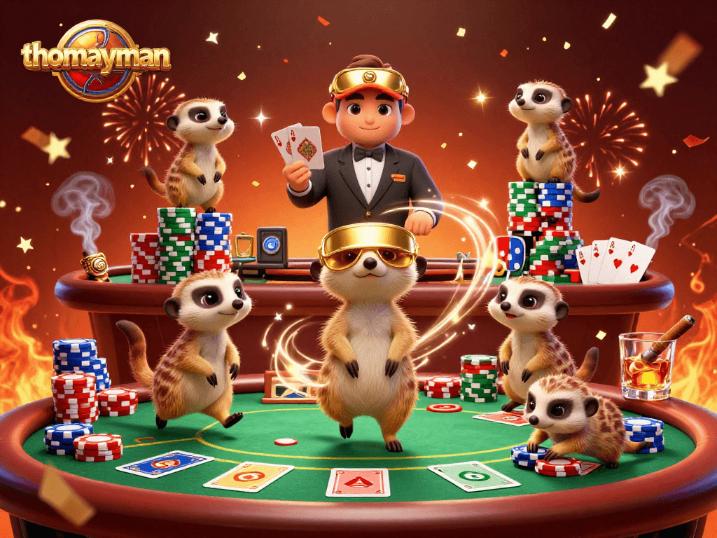Engaging meerkats in thomayman casino, showcasing a vibrant gambling scene filled with poker elements.