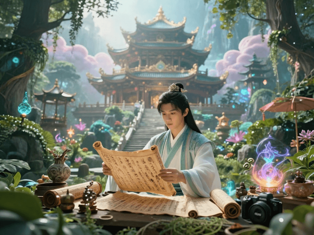 Petualangan spiritual di SLOT7000 dengan karakter berbaju oriental di lingkungan mistis.