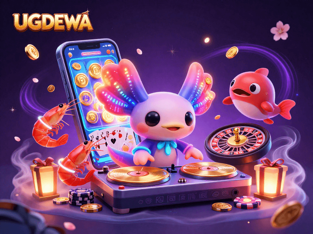 UGDEWA showcases a neon axolotl DJ spinning vibrant slot games amidst an underwater party scene.