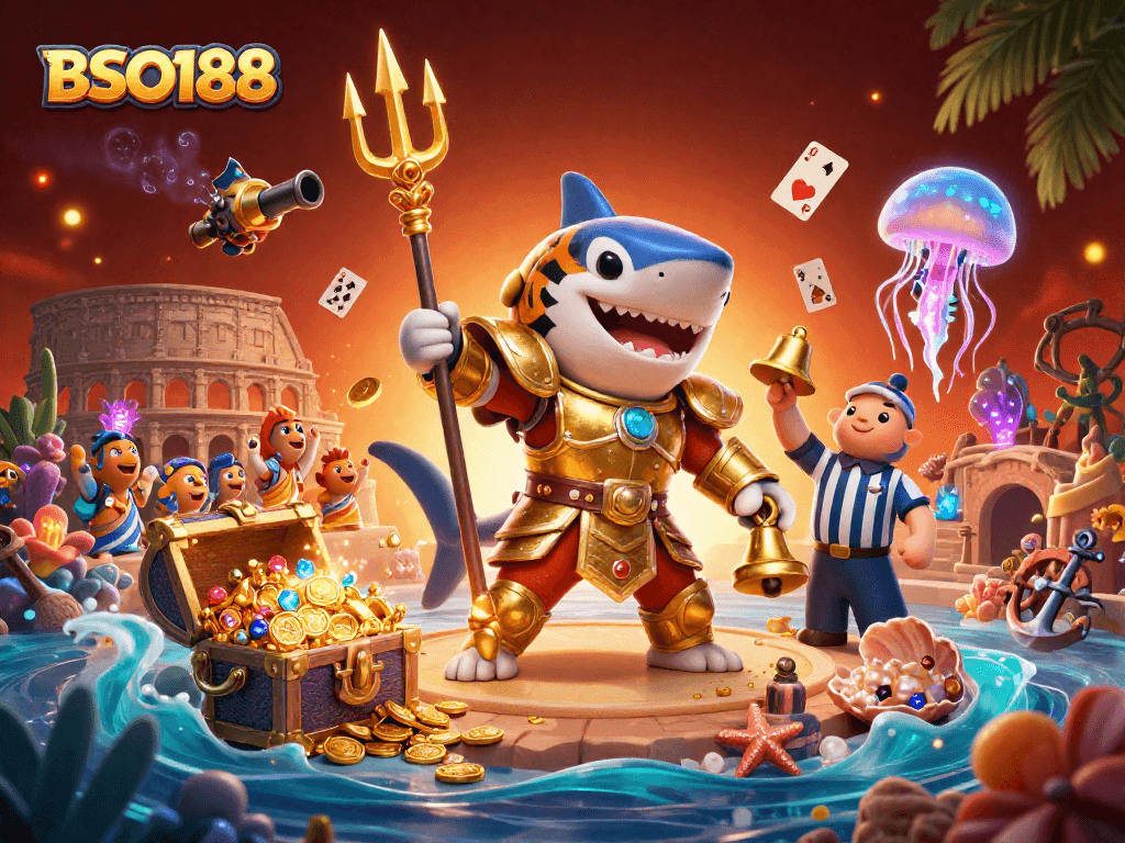 Engage with exciting BSO188 underwater adventures, featuring a shark in gladiator armor among vibrant casino-themed treasures.