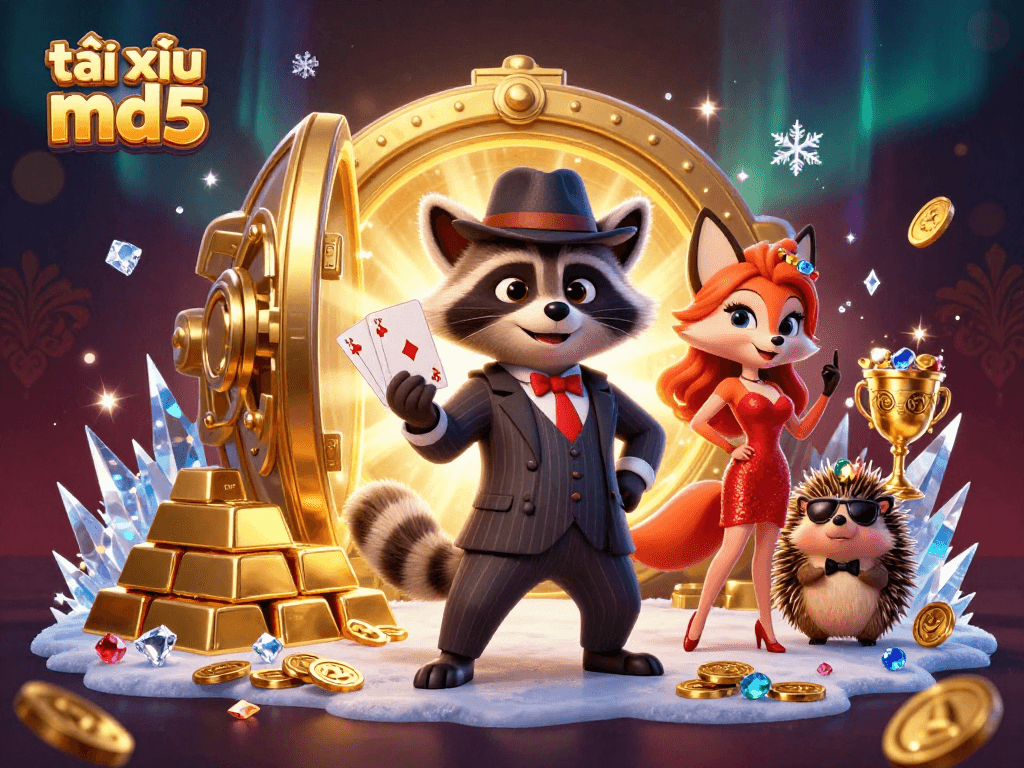 Engage with tài xỉu md5 through this vibrant 3D casino illustration of animated characters celebrating a royal flush.