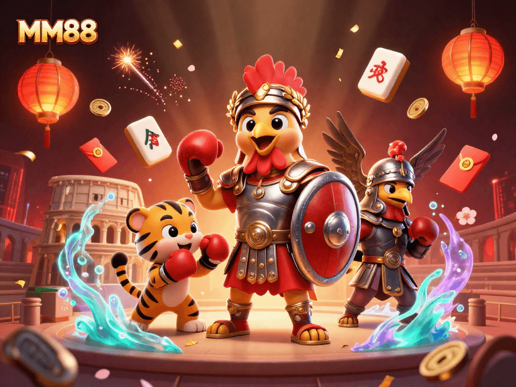 Experience the exciting world of MM88 with a dynamic 3D illustration of a gladiator rooster and sparring partner in a vibrant casino setting.