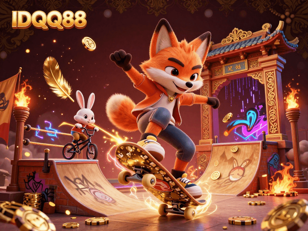 Experience IDQQ88 with a vibrant, action-packed 3D casino scene featuring a skateboarder fox and BMX rabbit.