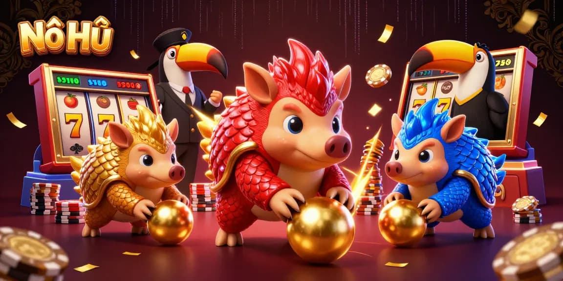 Nổ Hũ showcases rival pangolins in a colorful, dynamic casino scene with lively slot machines.