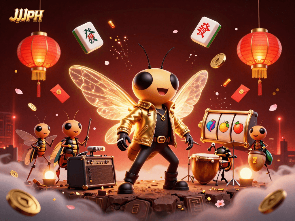 Ang JJJPH ay nagtatampok ng isang rock star na cicada sa isang masayang casino na may mga simbolo ng suwerte.