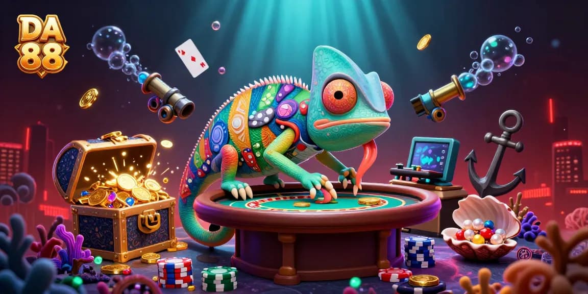 Experience thrilling moments at DA 88 with our vibrant chameleon casino owner amidst gold coins and underwater treasures.