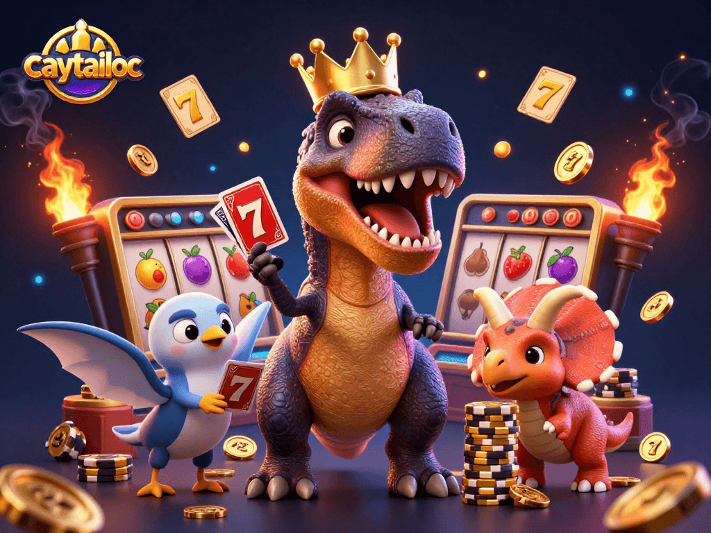 Engage with the exciting world of caytailoc, featuring a cartoon dinosaur shuffle cards and stack chips in a vibrant casino.