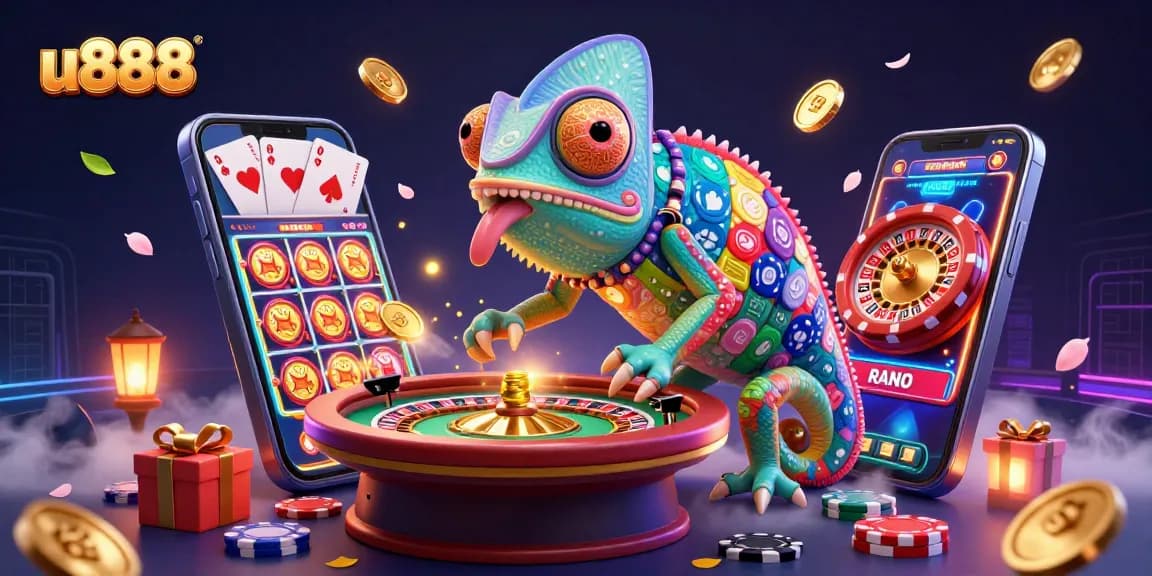 u888 chameleon casino owner delights players with golden coins and vibrant gaming elements.