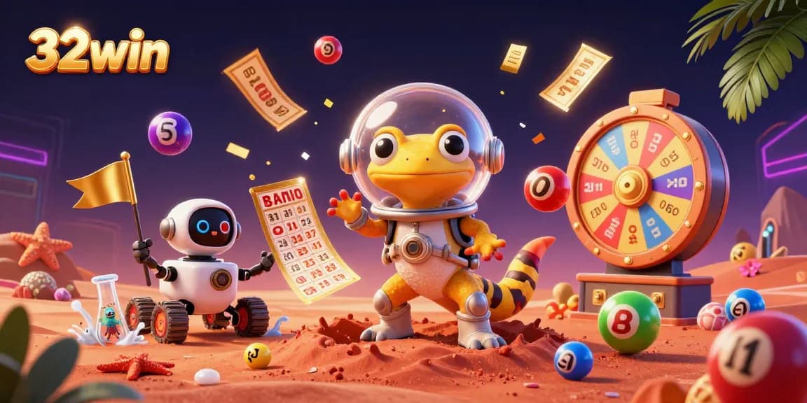 Win big at 32win with vibrant casino elements and Martian gecko adventure in this dazzling illustration.