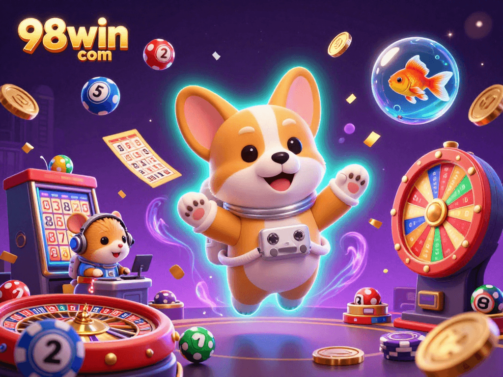Experience the excitement of 98win com through this vibrant 3D casino scene, showcasing animated characters and colorful game elements.