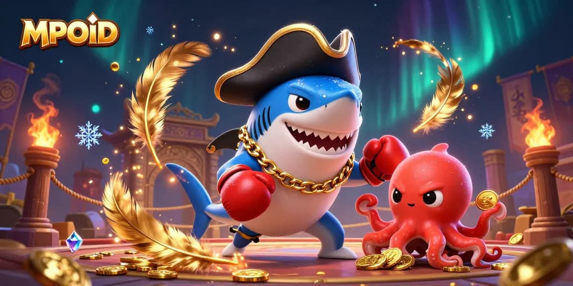 MPOID showcases vibrant casino elements with animated shark, pufferfish, and octopus in a dynamic 3D scene.