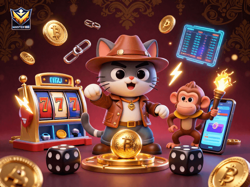 Experience the thrill of gambling at MASTER188 with exciting slot reels and vibrant crypto elements.