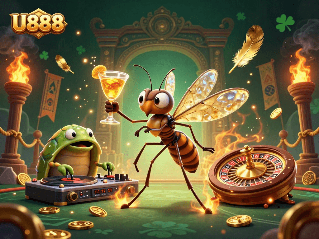 Experience U888's vibrant casino world with a lively mosquito mascot and trilobite DJ.