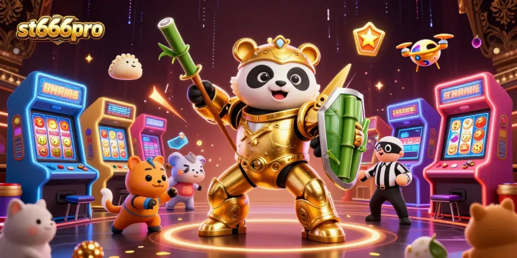Experience excitement at st666pro in this 3D casino scene featuring a panda and vibrant slot game elements.