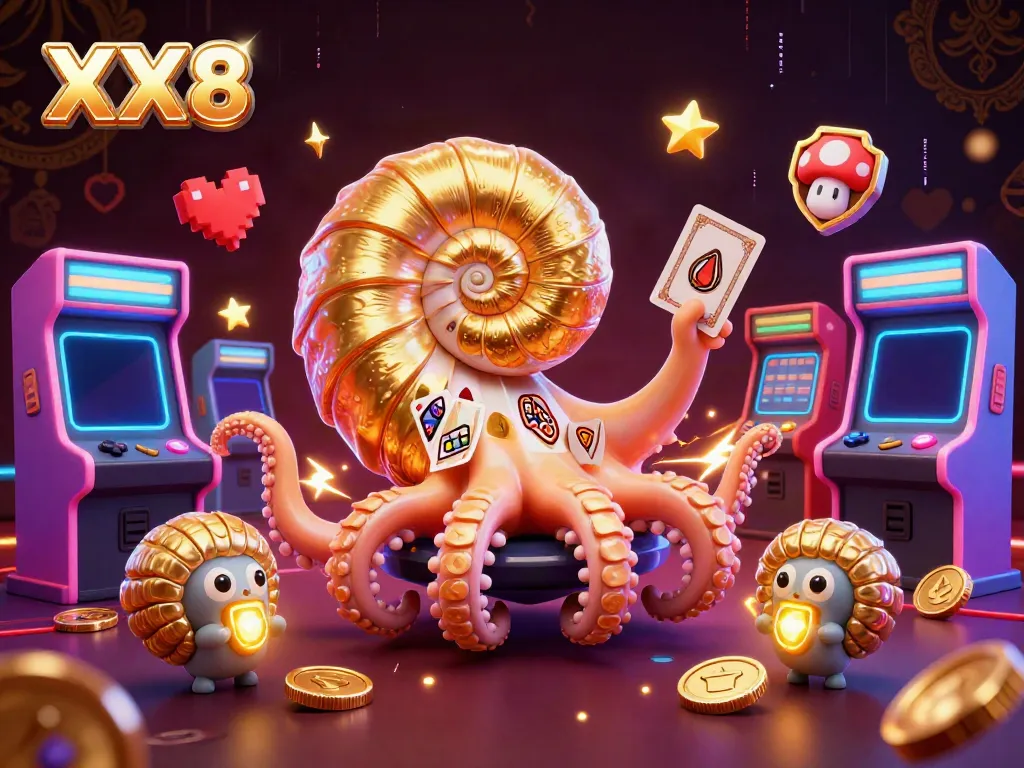 Experience the vibrant world of XX8 with a dazzling gaming scene featuring a giant nautilus and arcade games.