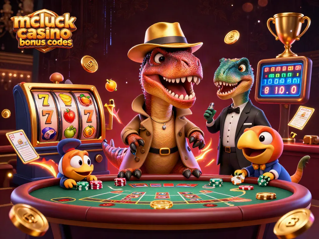 Experience mcluck casino bonus codes through a thrilling 3D illustration showcasing a velociraptor at a blackjack table.
