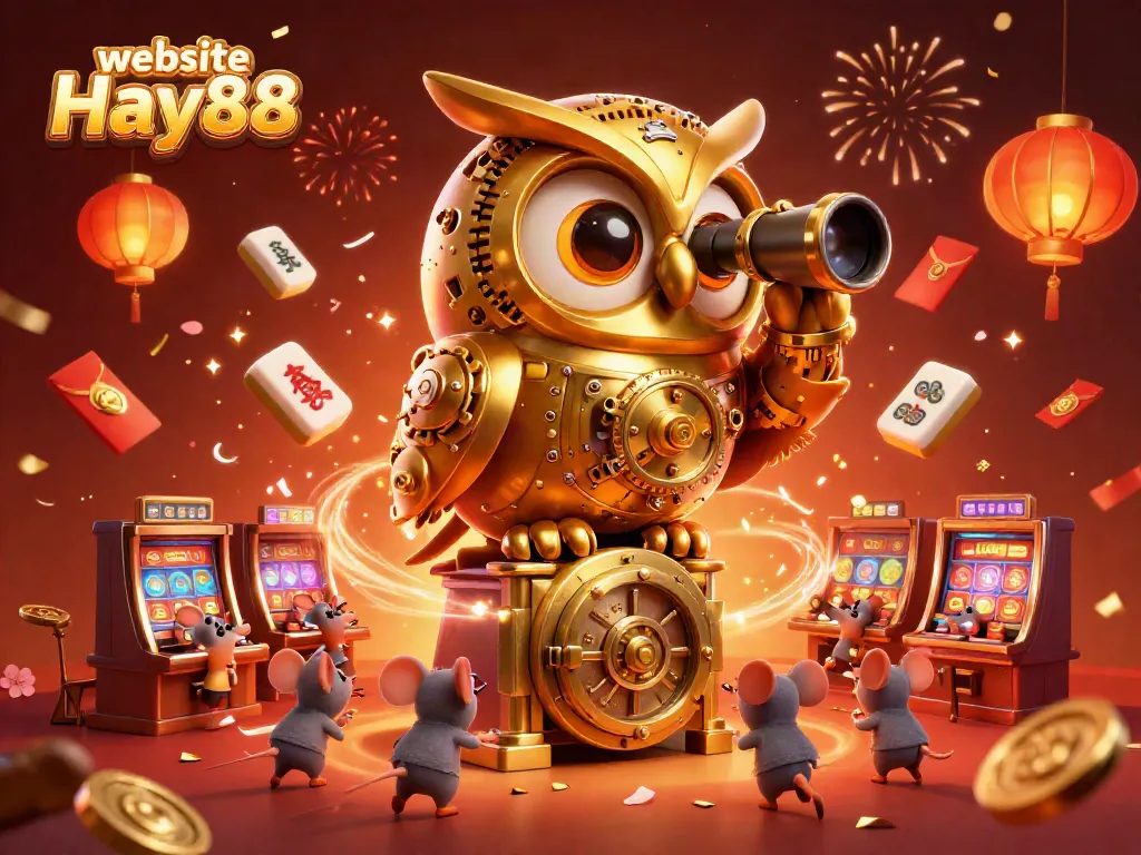 Engaging scene showcasing the website Hay88, featuring a golden owl and animated mice in a vibrant casino setting.