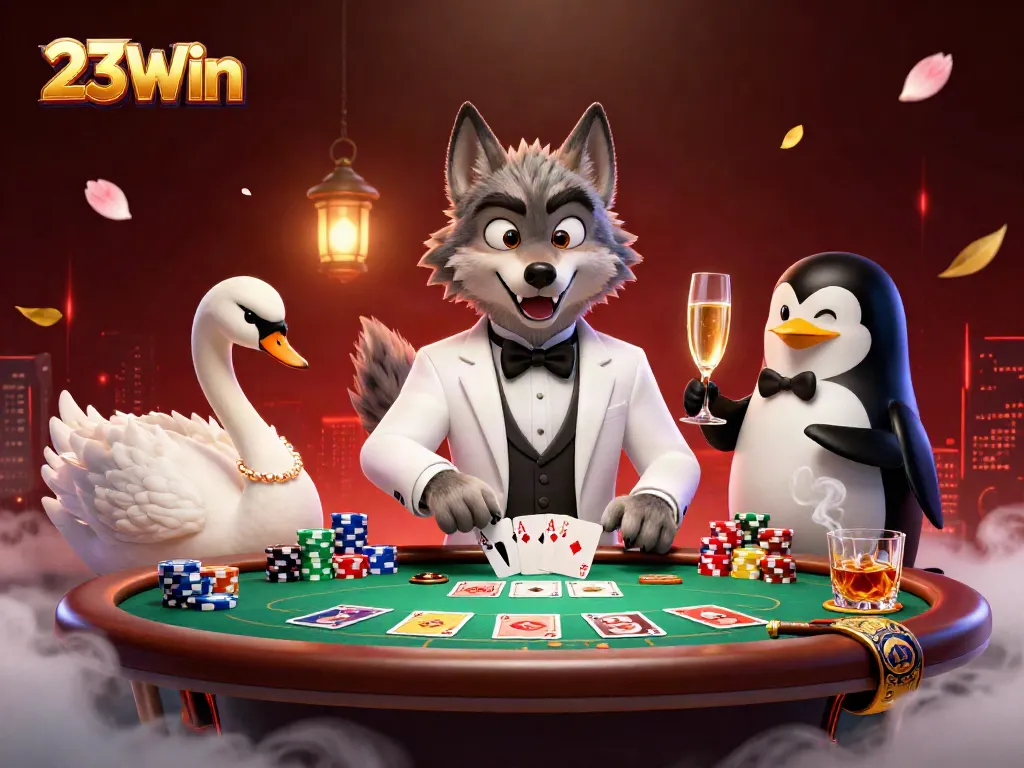 Experience the thrill of 23Win with a debonair wolf, an elegant card-dealing swan, and a penguin sommelier.