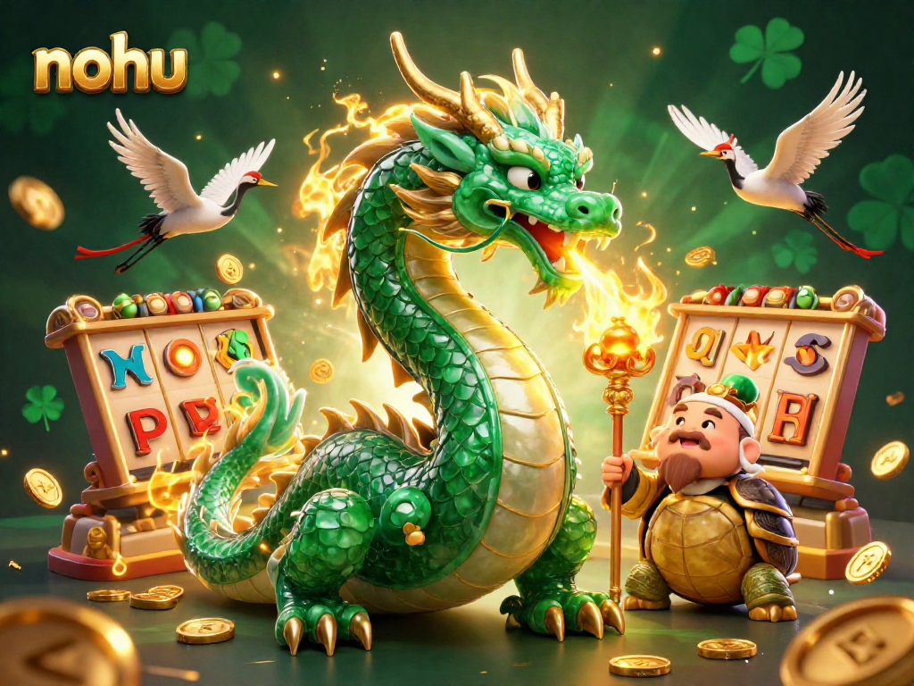 Engage in the thrilling nohu experience with slot reels and a jade dragon in a vibrant casino scene.
