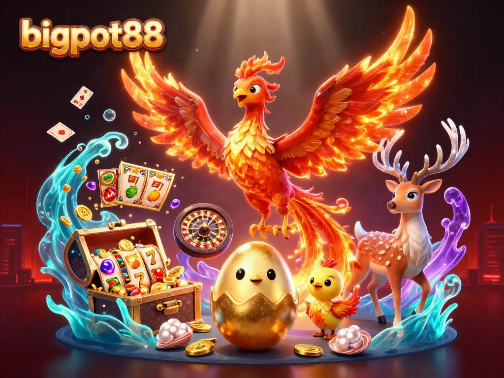 bigpot88 menggabungkan phoenix berapi, slot, dan roulette dalam ilustrasi kasino yang penuh warna.