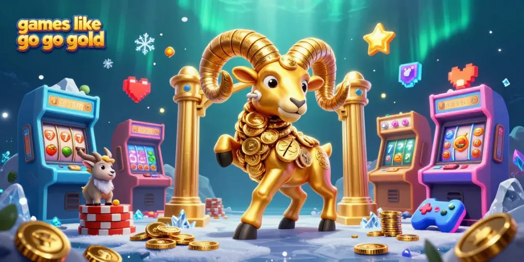 Engage with games like Go Go Gold in this vibrant 3D casino illustration featuring slot reels and a dynamic golden ram.