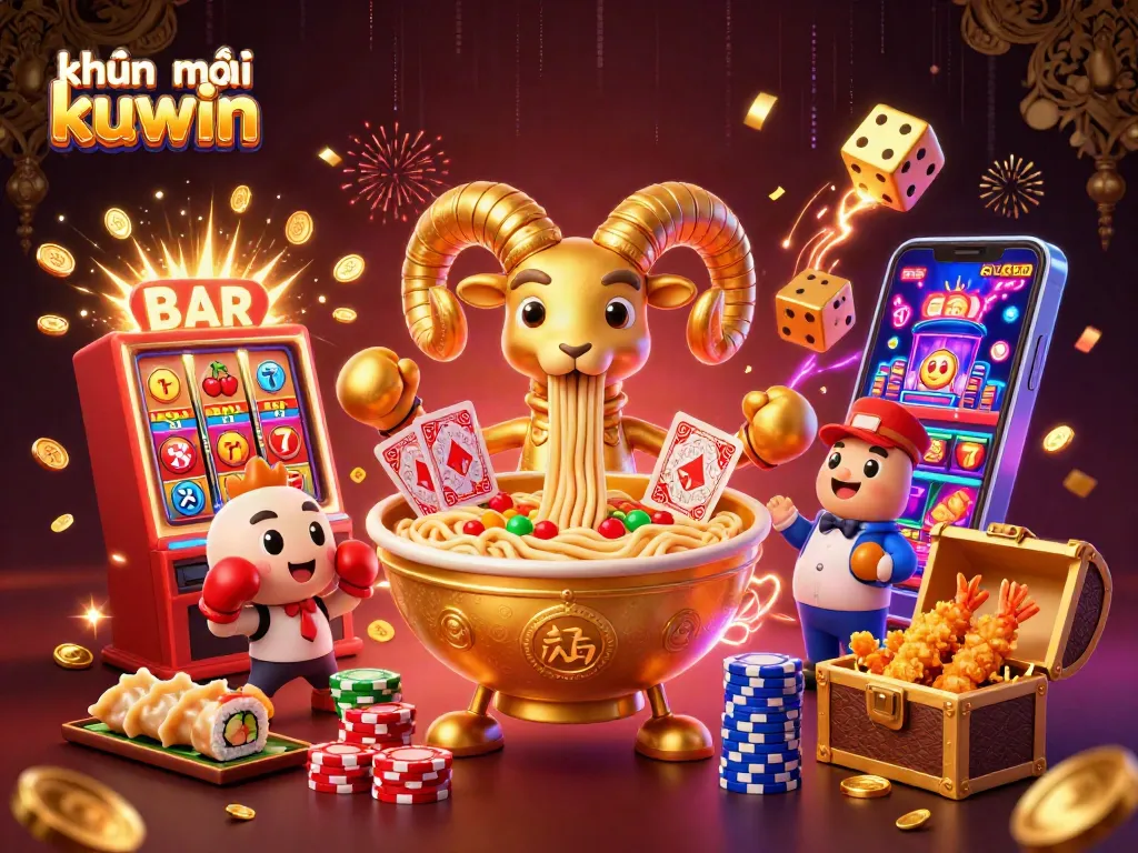 Engage with khuyến mãi kuwin in a lively 3D casino-themed illustration showcasing vibrant game elements and characters.