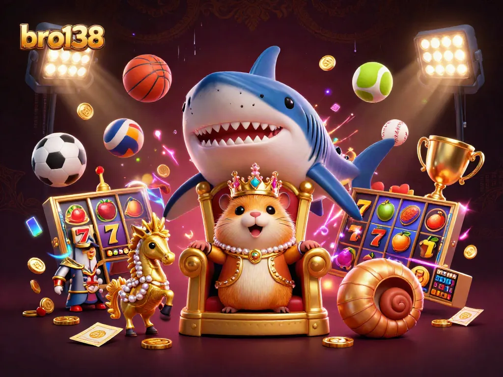 Win big at bro138 with an illustration of a fierce hamster king ruling a rich casino world full of slots and sports!