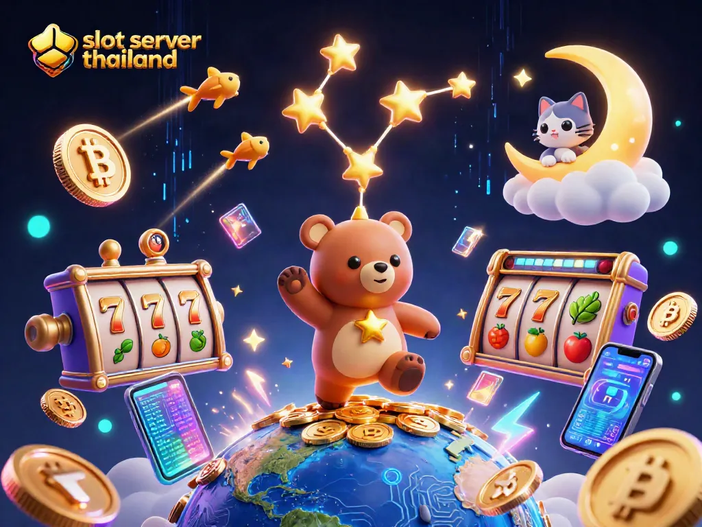 Engage with slot server thailand in a vibrant scene with a constellation bear and slot symbols.