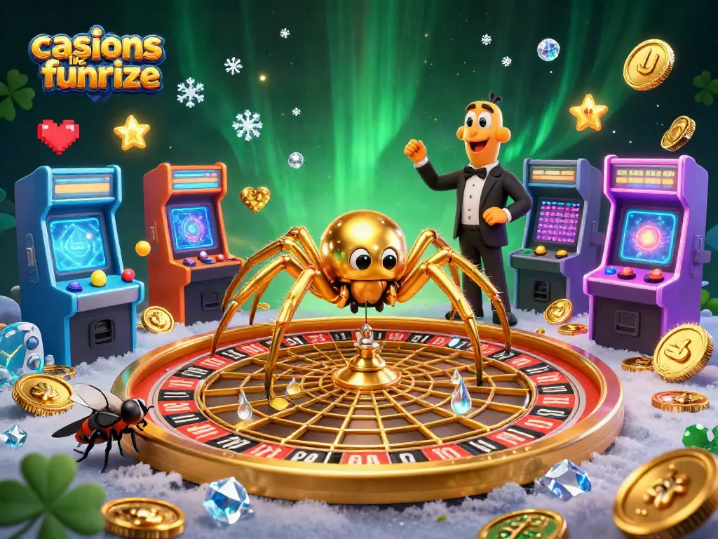 Engage with casinos like Funrize showcasing a vibrant scene with a spider, fly, and centipede in a roulette-themed casino.