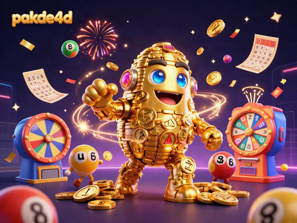 Engage with pakde4d's dynamic golden golem amidst bursts of colorful lottery balls and festive confetti.