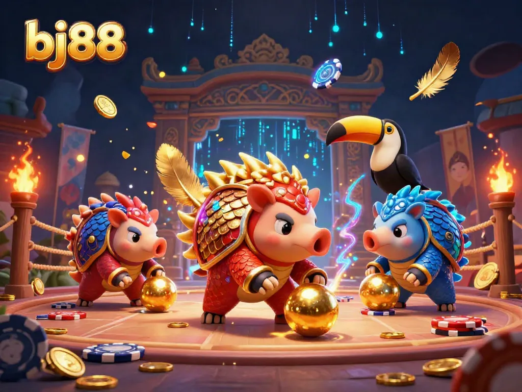 Experience thrilling competition as ba88 rivals roll golden balls and poker chips in a lively casino scene.