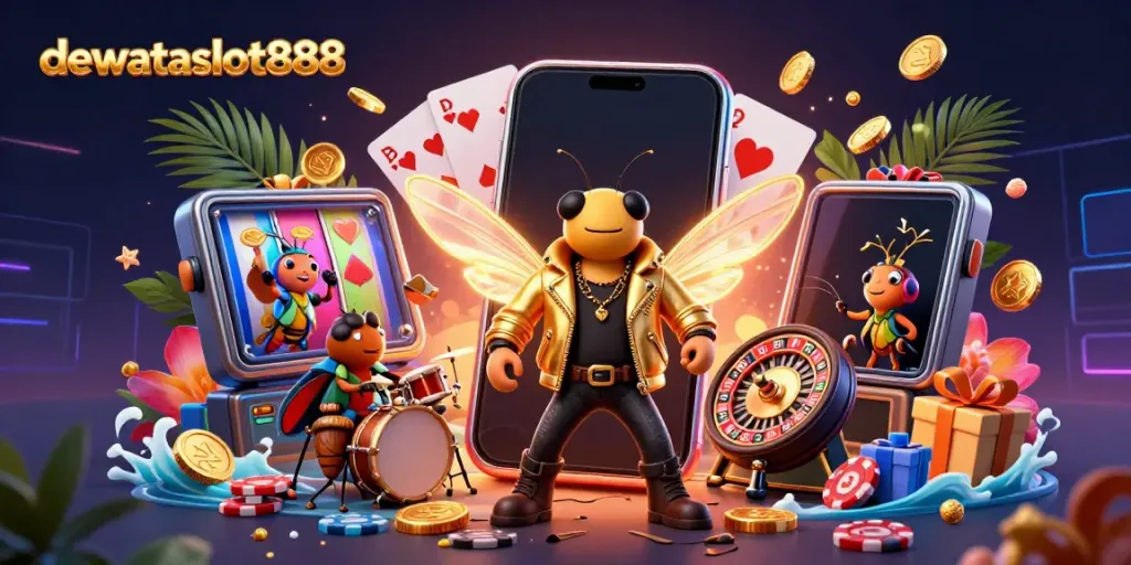 Menangkan permainan di DEWATASLOT888 dengan ilustrasi 3D megah cicada bintang rock dikelilingi elemen kasino.
