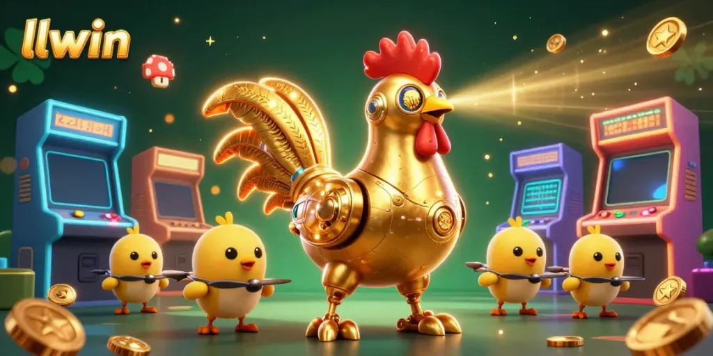 Engage in gaming excitement with the llwin golden rooster robot and its adorable chick drones amidst vibrant casino scenes.