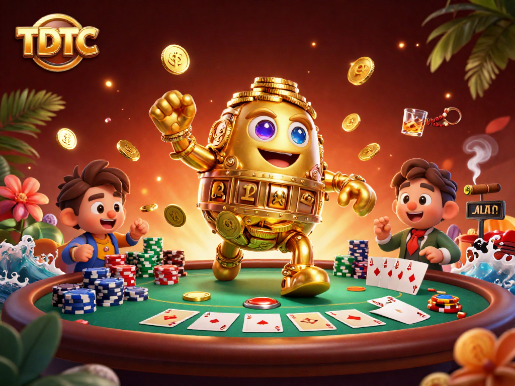 Engage with TDTC's lively casino scene featuring a golden golem and poker elements.