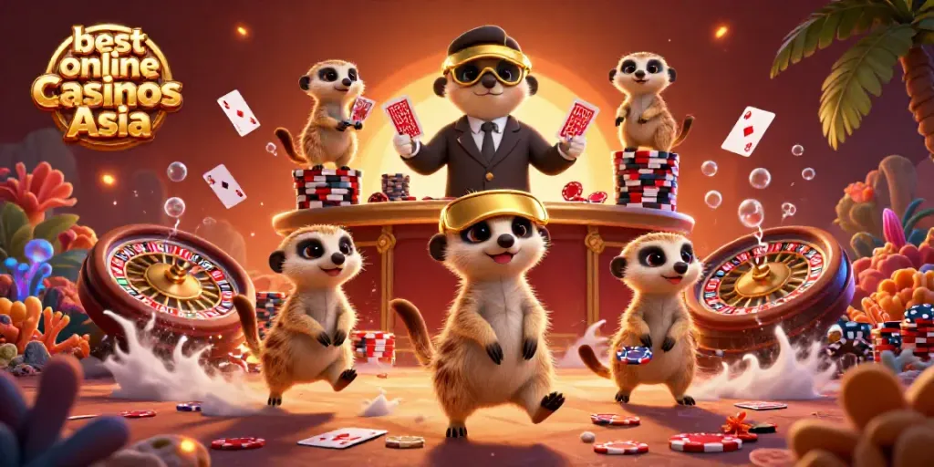 Experience excitement at the best online casinos Asia with colorful meerkat characters running a vibrant casino scene.