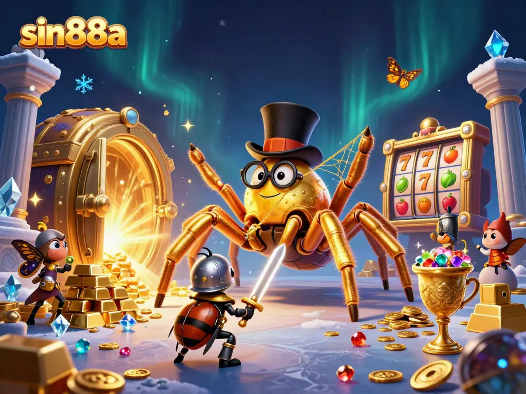 Engage in thrilling action at sin88a with a vibrant illustration showcasing casino excitement, including a golden tarantula and treasures.