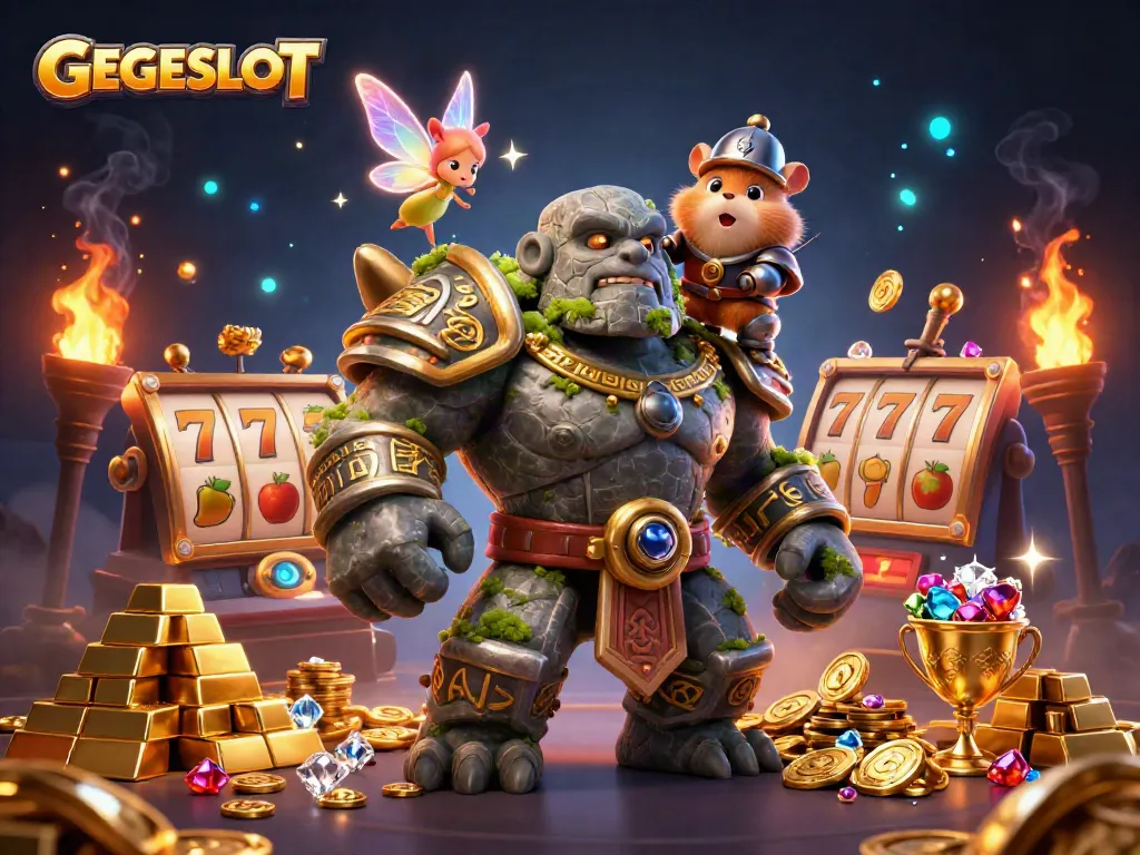 Experience GEGESLOT with captivating characters surrounded by vibrant slot symbols and treasure galore.
