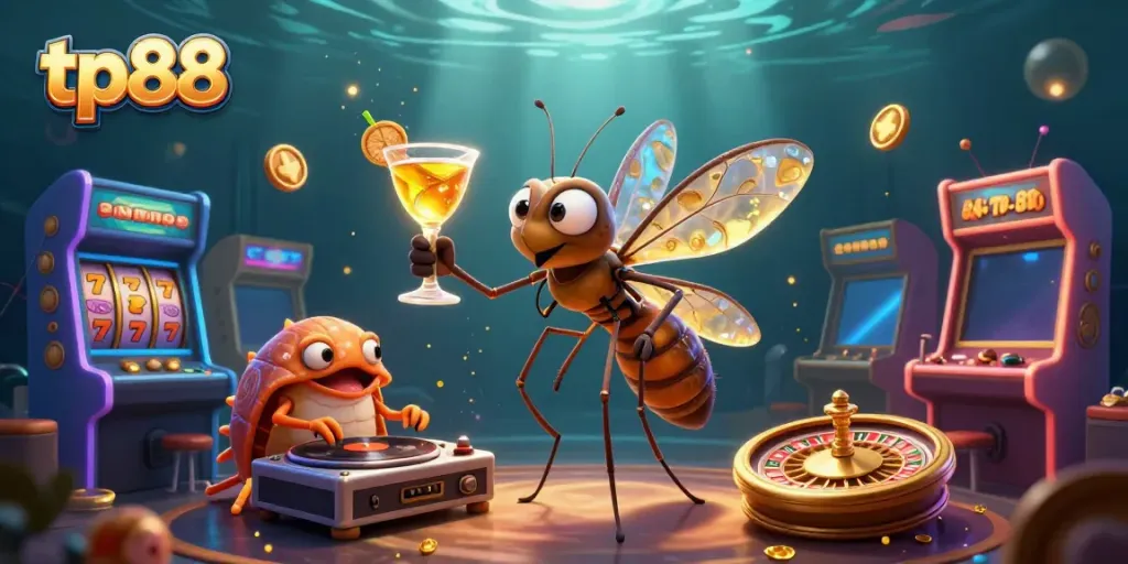 Engage with tp88's vibrant casino gaming scene featuring lively characters and dynamic gambling elements.