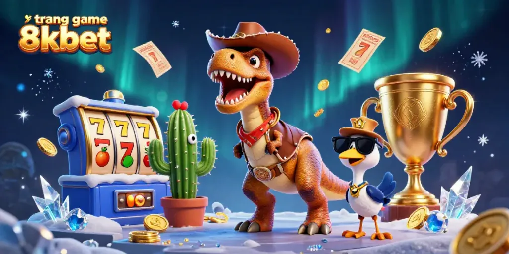 Experience the dynamic world of trang game 8kbet with 3D cartoon characters and vibrant casino elements.