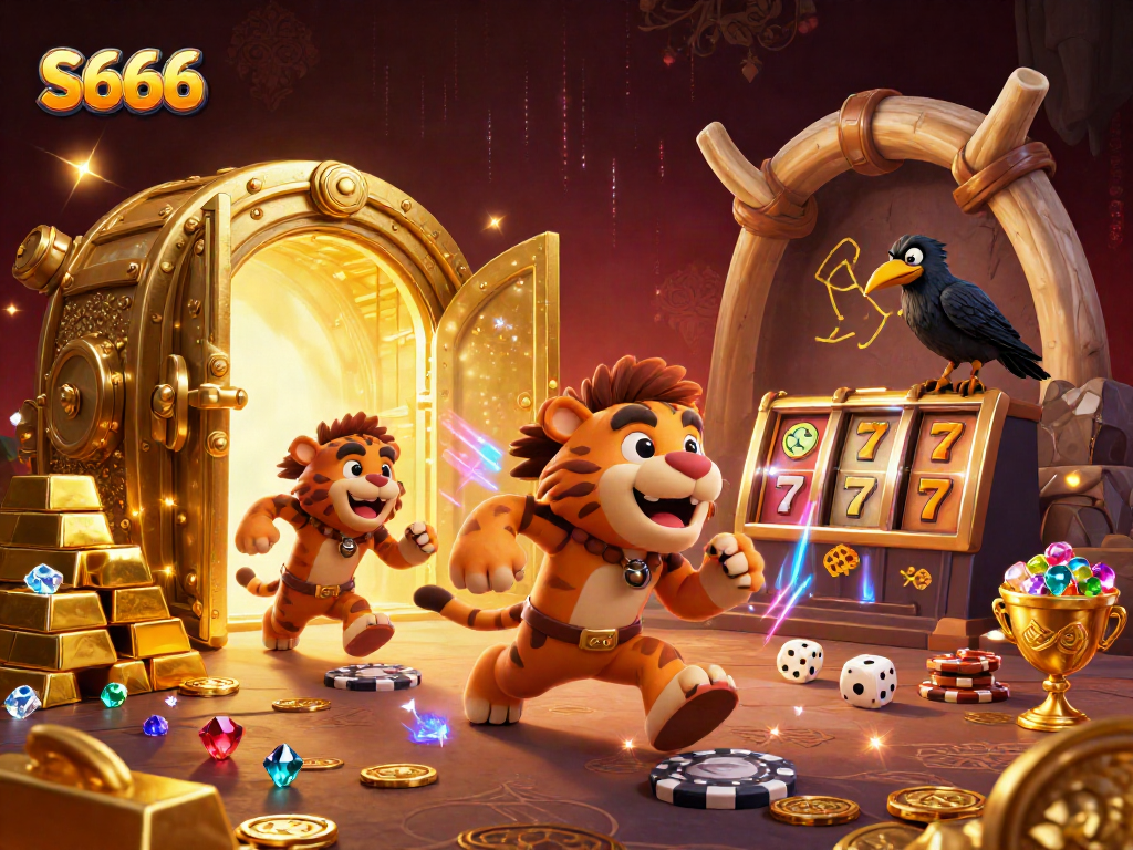 Join the S666 excitement with a vibrant casino scene featuring a caveman and sabretooth tiger.