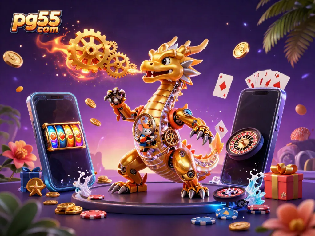 Join the action with pg55 com, as the golden dragon breathes gears and coins in this vibrant casino scene.
