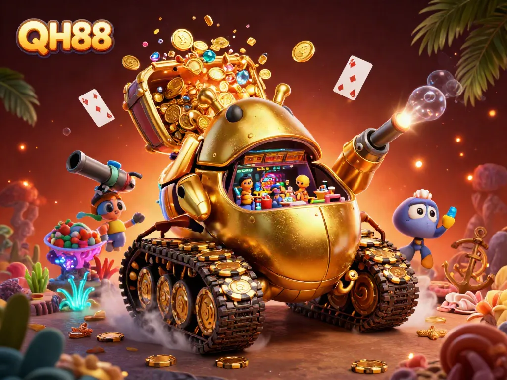 Experience the thrill of QH88 in a vibrant underwater casino adventure with joyous patrons and golden treasures.