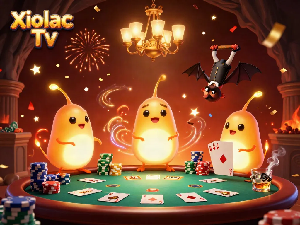 Xoilac Tv illuminates a vibrant casino scene with animated glowworms and dynamic game elements.