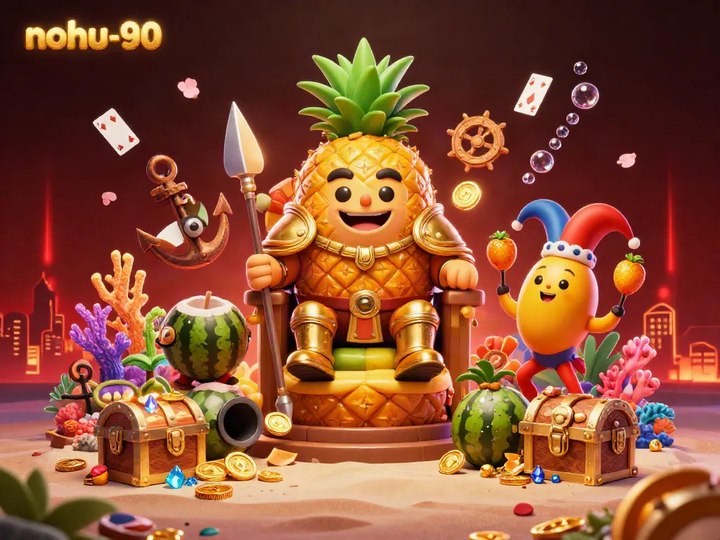 Nohu-90 engages players with a vibrant underwater-themed casino illustration featuring a playful golden pineapple king.