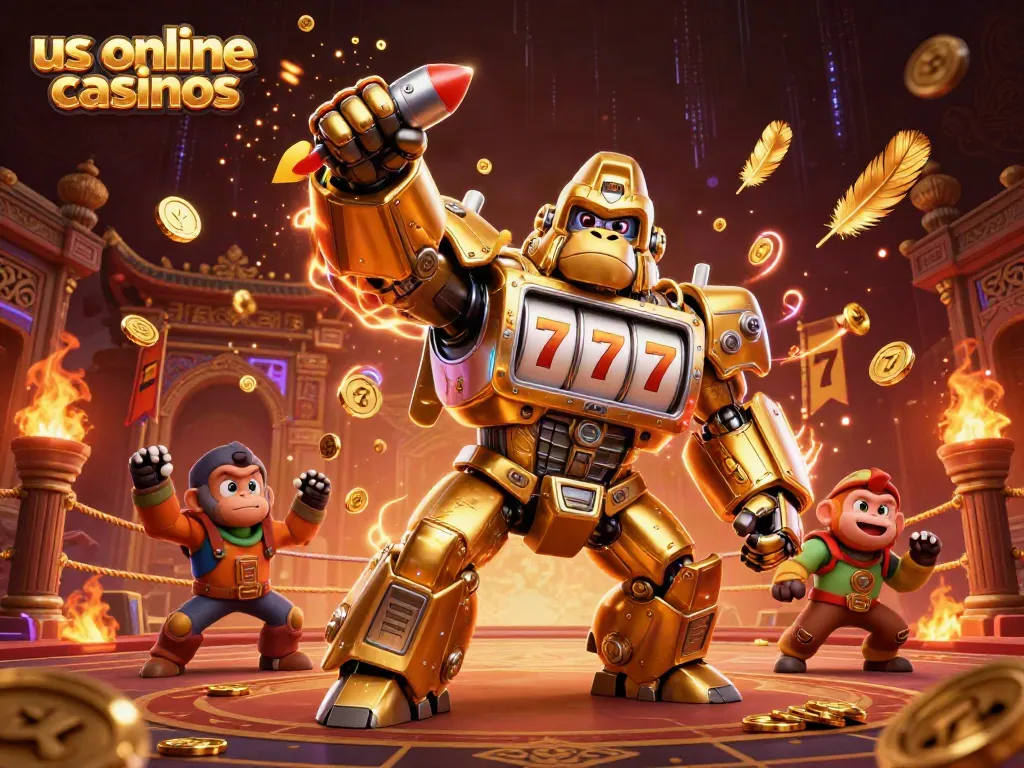 Dynamic scene featuring us online casinos with a golden gorilla mech made of slot machine parts, explosive coins, and vibrant game elements.