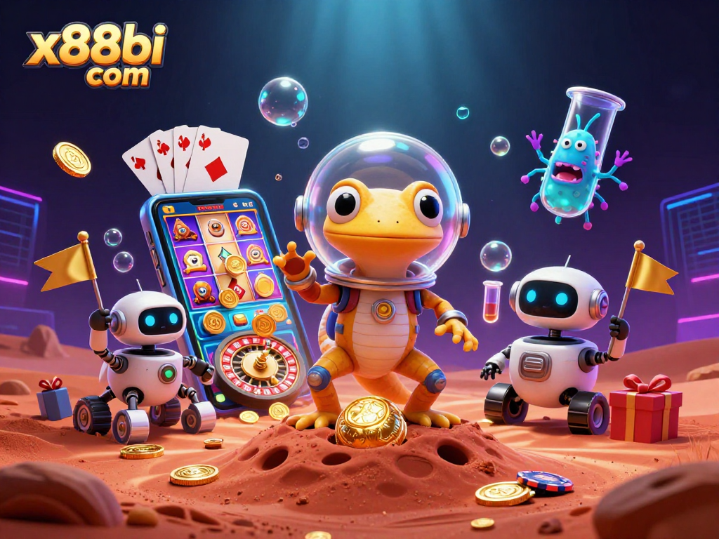 Experience excitement at x88bi com with Martian gecko exploring a golden casino in vibrant 3D