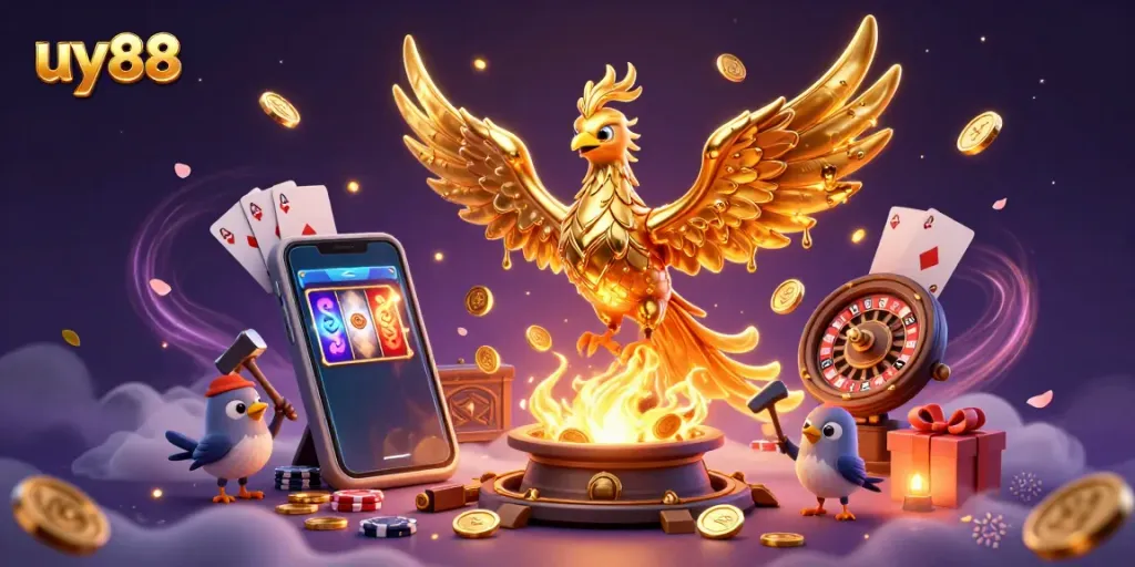 Experience the thrill of uy88 gaming with a golden phoenix and vibrant gaming action.